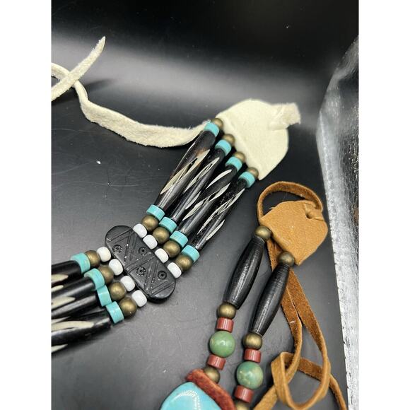 Hand Made Tribal/ Native Leather Tied Necklaces/ Untested Beads Stone Wood Mix - Picture 4 of 5